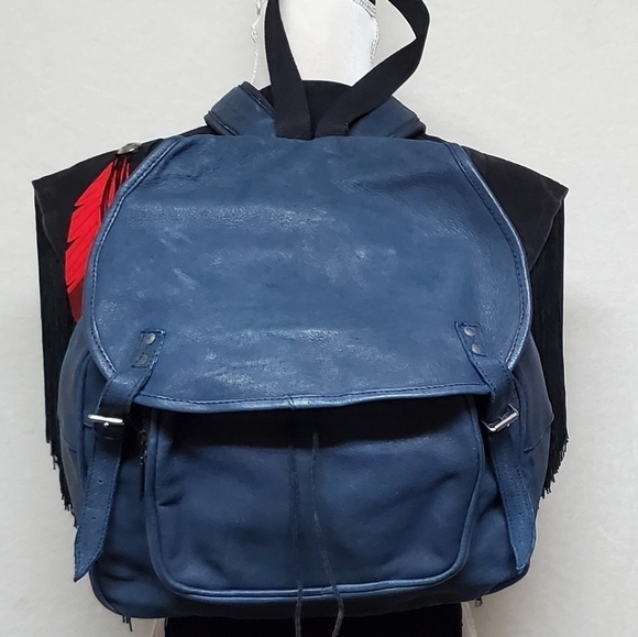 VINTAGE 70s Indigo Blue Textured Leather Large Backpack Overnight Weekend Bag - Picture 2 of 16